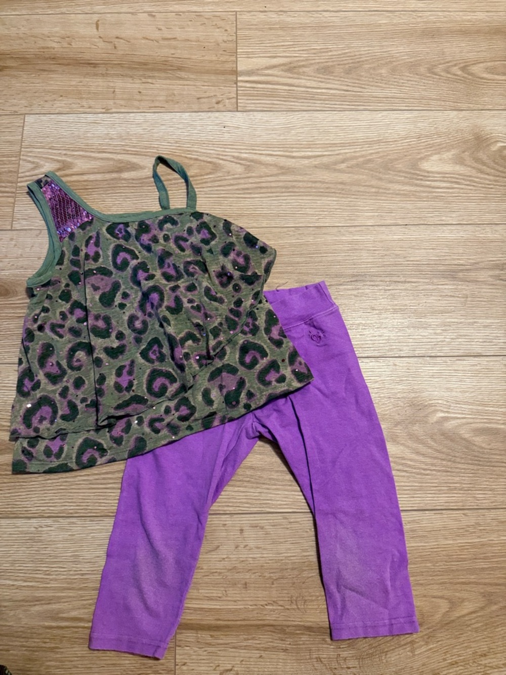 Girls Green Leopard Print Ruffle Tank with Purple Leggings